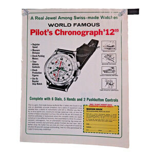 Vintage Magazine Advertisement Pilots Chronograph Watch 1960s 10.5 x 13.25 in